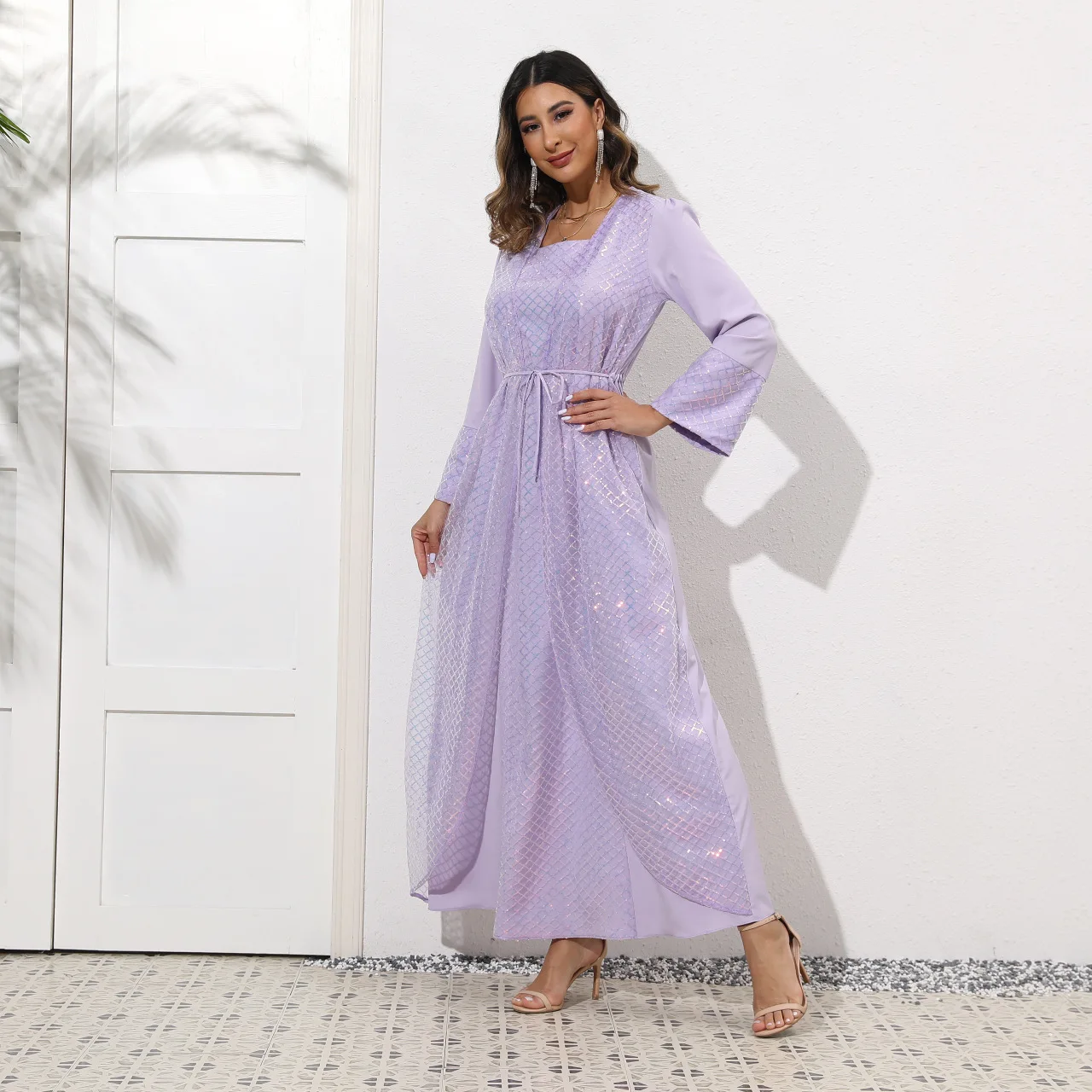 Robe Femme Musulmane 2022 New Middle East Muslim Solid Sequins Fake Two-piece Arabian Lace-up Elegant Dress Abayas for Women