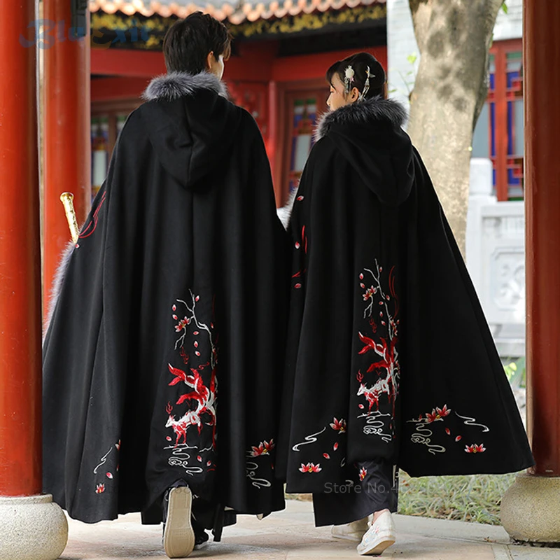 

Winter Hanfu Cloak Long Hooded Cape Embroidered Tang Song Dynasty Ethnic Fox Chinese Traditional Ancient Costume Faux Fur Collar