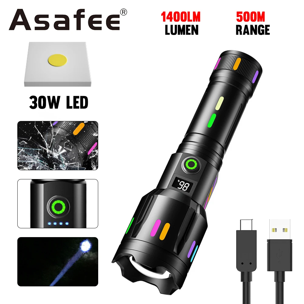 

Asafee G61 30W LED 1400LM 500M Range Rechargeable Output Flashlight Telescopic Zoom Torch IPX5 Waterproof Lamp SOS Spotlight