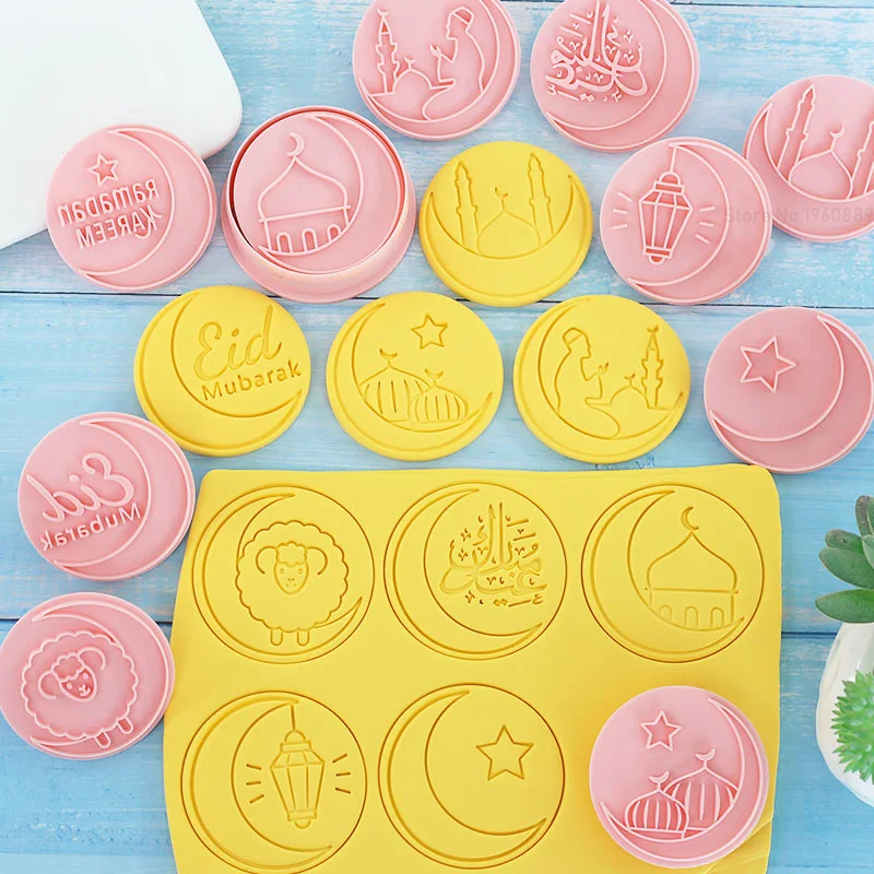 Eid Mubarak Cookie Cutter Plastic 3D Moon Star Pressable Biscuit Mold Ramadan Islamic Muslim Baking Pastry Cake Decoration 10Pcs cookie cutter,baking mold,cookie mould