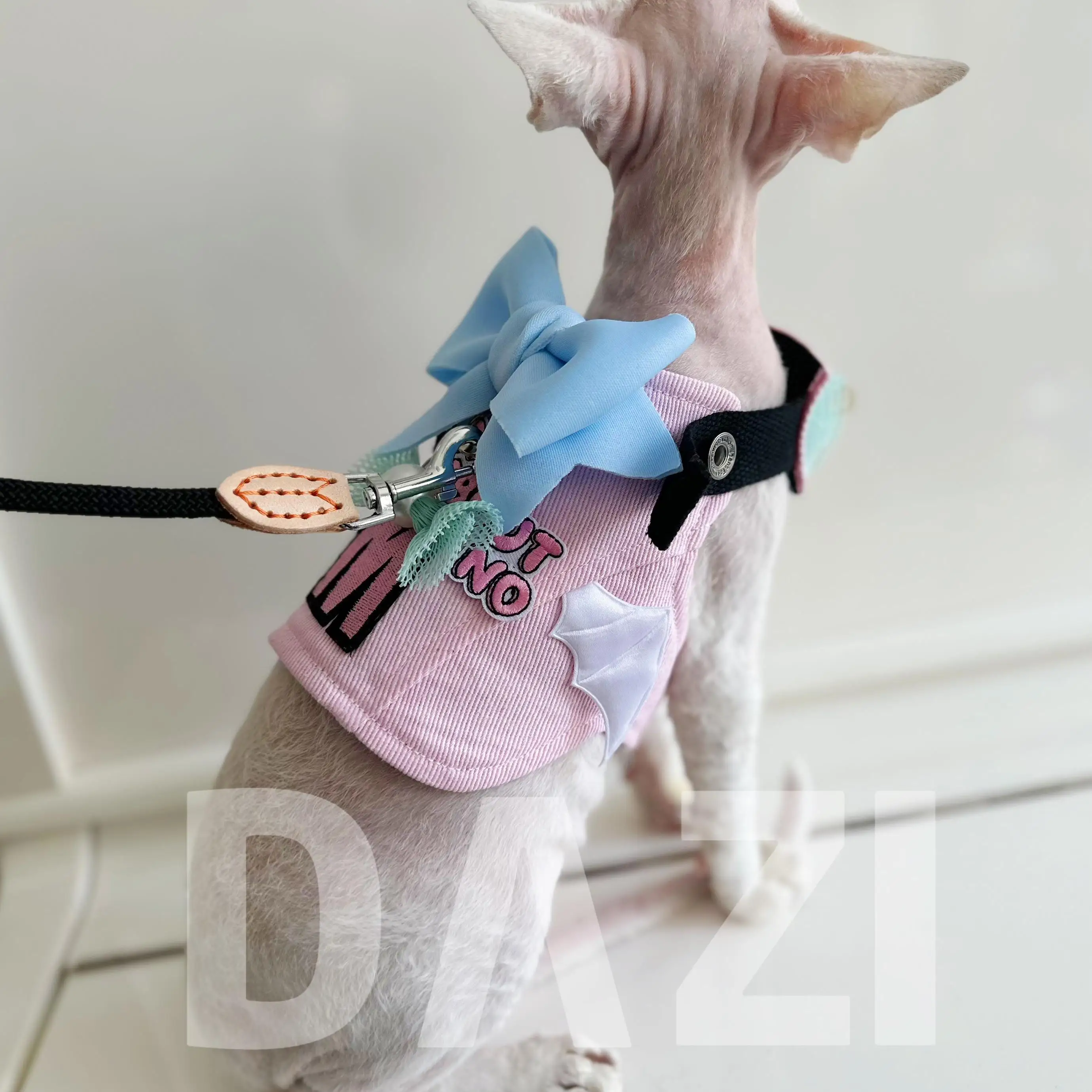 귀여운 Bowknot 스핑크스 하네스 가죽 끈 세트 핑크 고양이 하네스 가죽 끈 Kawaii 하네스 조끼 Devon Kittens 야외 산책