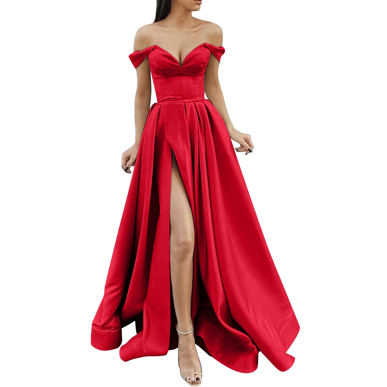 thumbnail image 1 of Vestido de verano con hombros descubiertos para fiesta, graduación, abertura alta, sexy, escote en V, vestido de noche para mujer, túnica plisada lisa, vestidos elegantes largos para mujer, 1 of 5