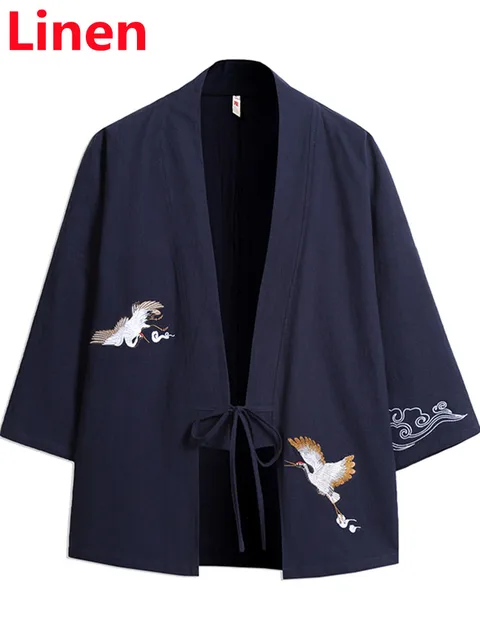 Crane Embroidery Haori Kimono Harajuku Japanese Style Plus Size Men Samurai Costume Yukata Asian Clothes Cardigan Women Jacket navy