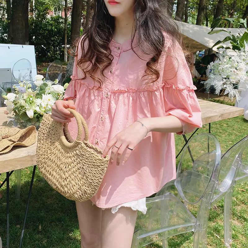 Korean Loose Women's Solid Color Half Sleeve Blouse Summer Female Clothing All-match Simplicity Single-breasted Spliced Shirt