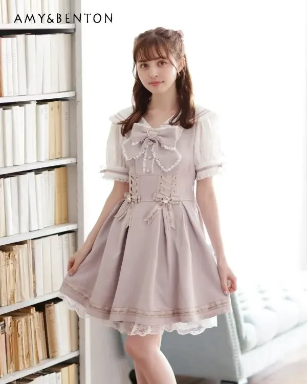 

Japanese Mine Mass-Produced Dress Women Lolita Girly Sweet Cute Sailor Collar Lace Up Short Sleeve Dress Summer Dresses Student