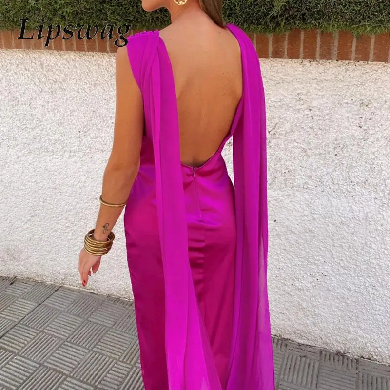 

2024 Elegant Solid Waist Bodycon Party Dress Chic Lady Off Shoulder Stitching Satin Dress Women Sexy Shawl Backless Long Dress