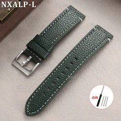 Lychee Pattern Genuine Leather Watch Band with Stitching and Metal Buckle - 22mm (Green - White)