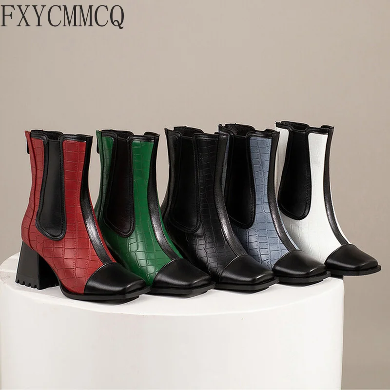 

FXYCMMCQ 2022 Autumn and Winter New Square Head Stitching Fashion Design Boots 34-48 Super Trendy Women's Short Boots 1001