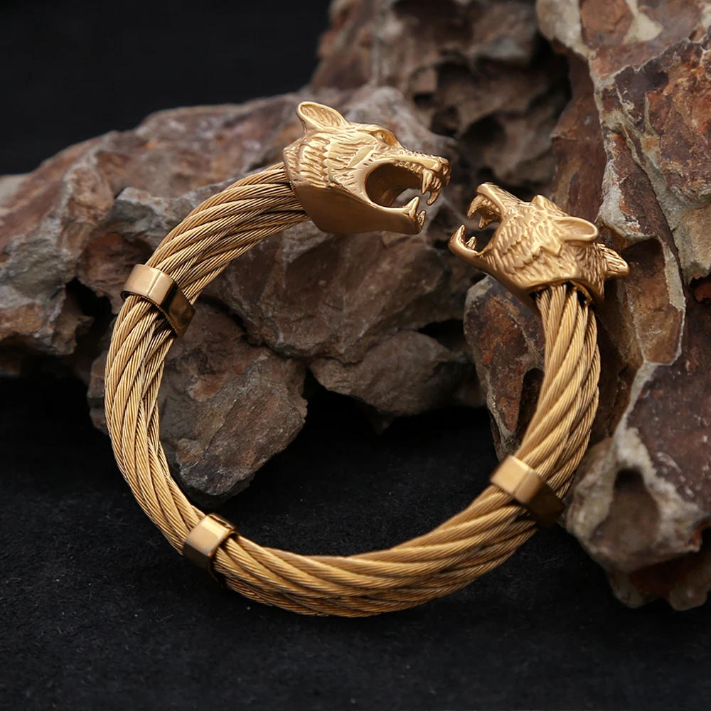 Fashion Vintage Double Viking Wolf Head Bracelet 316L Stainless Steel Punk Biker Animal Bracelets Norse Amulet Jewelry Wholesale 4