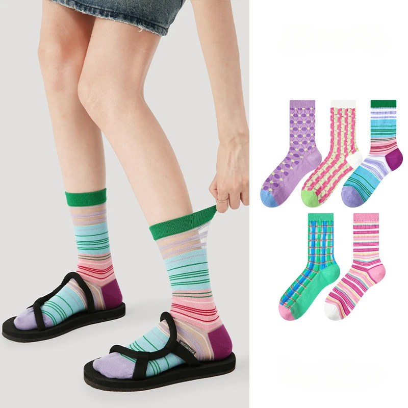 

5 Pairs Women Top Summer and Spring Thin Cotton Breathable Stocking Rainbow Colorful Striped Designer Personality Gift Tube Sock