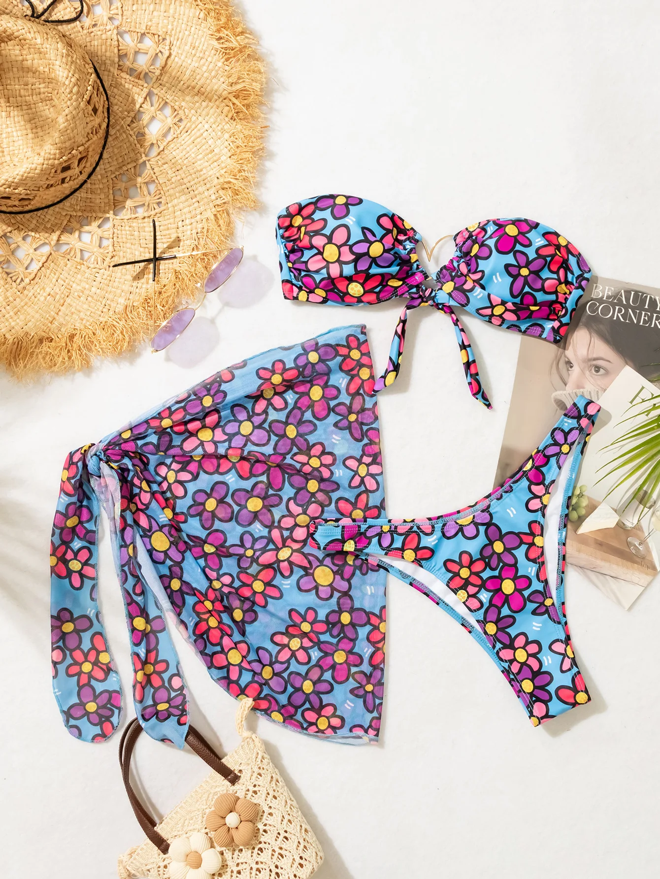 Sexy Bandeau Bikini 2024 Women Blue Floral Print Metal Heart Designer Mesh Skirt 3 Piece Swimsuit Bathing Suit Cover Up Swimwear