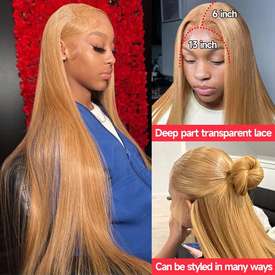 13x6 Honey Blonde Lace Front Human Hair Wig Straight #27 Colored Lace Frontal Wig Pre Plucked Blonde Transparent Lace Front Wigs