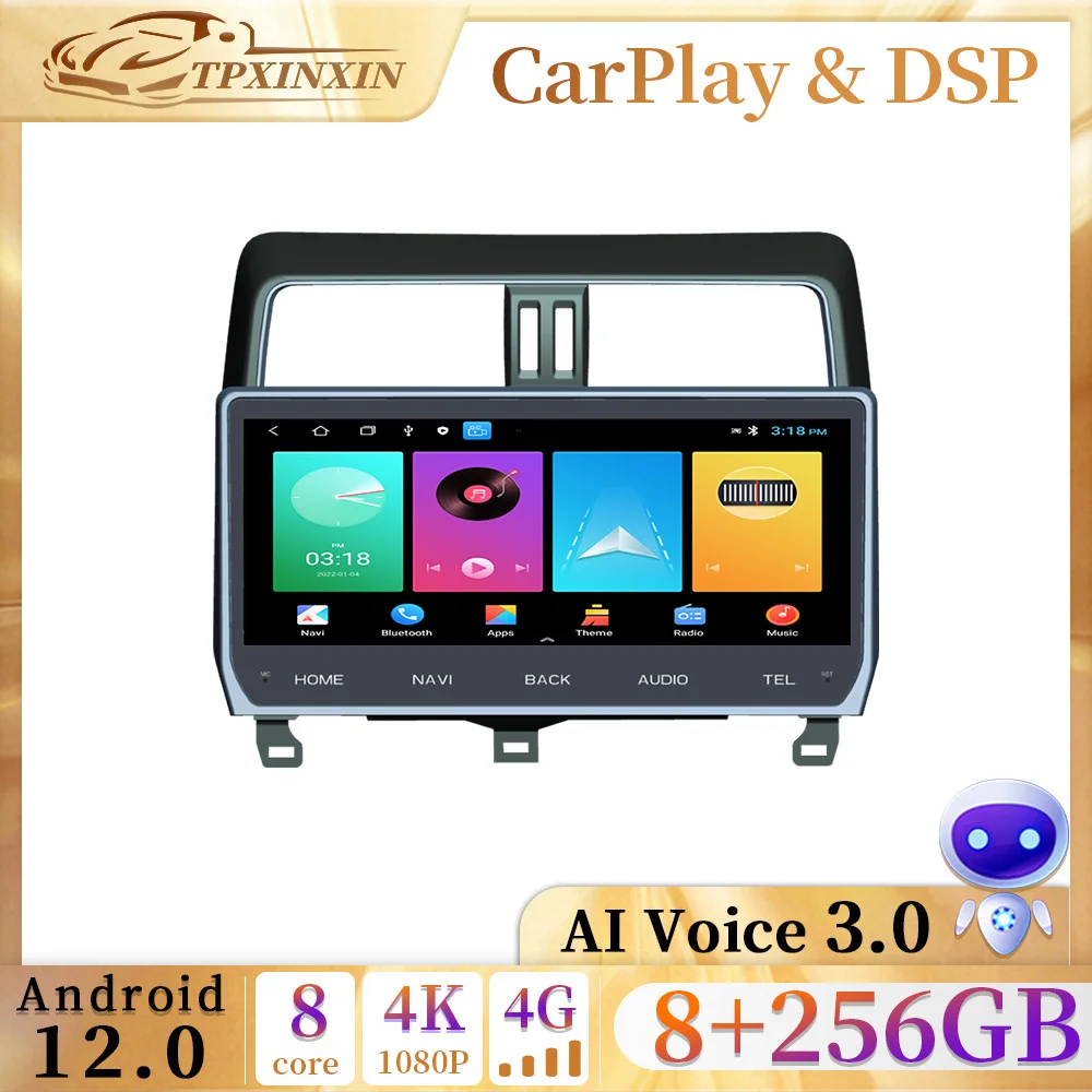 

12,3 дюймовый беспроводной CarPlay Android 12 автомобильный радиоприемник для Toyota Prado 2018 мультимедийный Авторадио GPS No 2 din DVD головное устройство