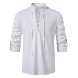 Men's Cotton-Linen Casual Blouse with Slanted Placket - Long Sleeve Vintage Yoga Shirt - US S (White)