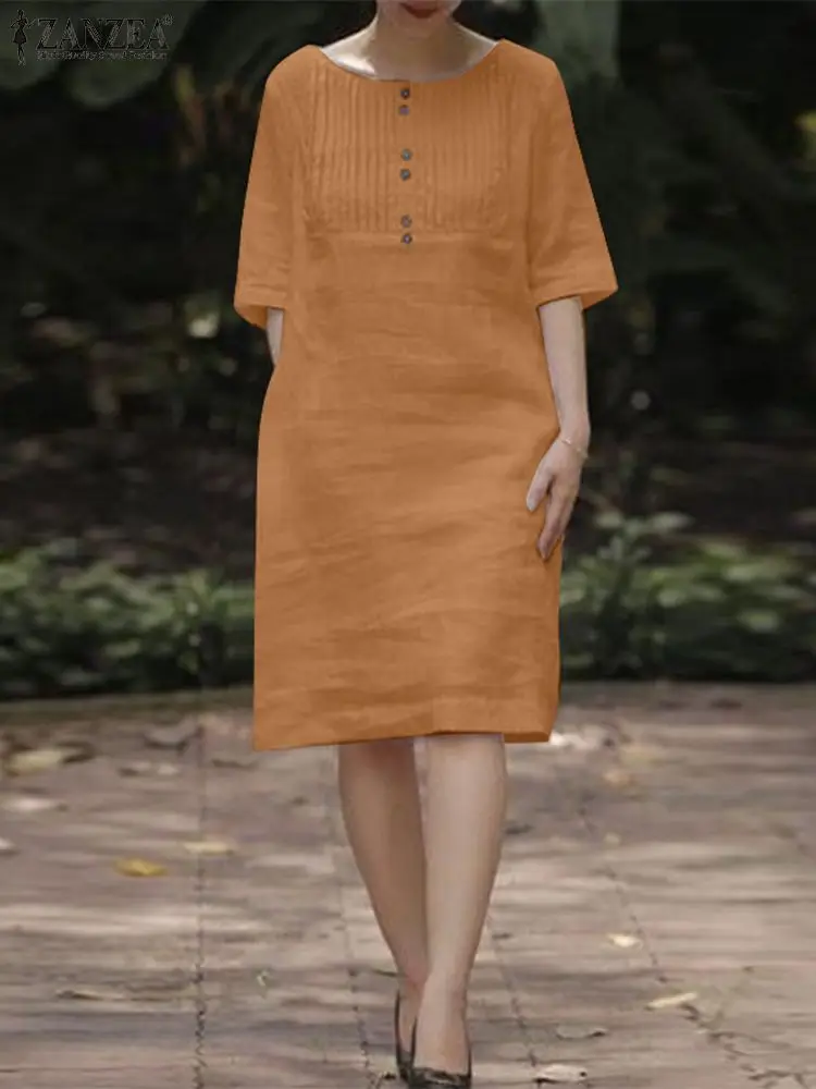 

ZANZEA Oversized Solid Dress Fashion Knee-length Robe Casual Loose Women Half Sleeve Vestidos 2024 Spring Simple O Neck Dress