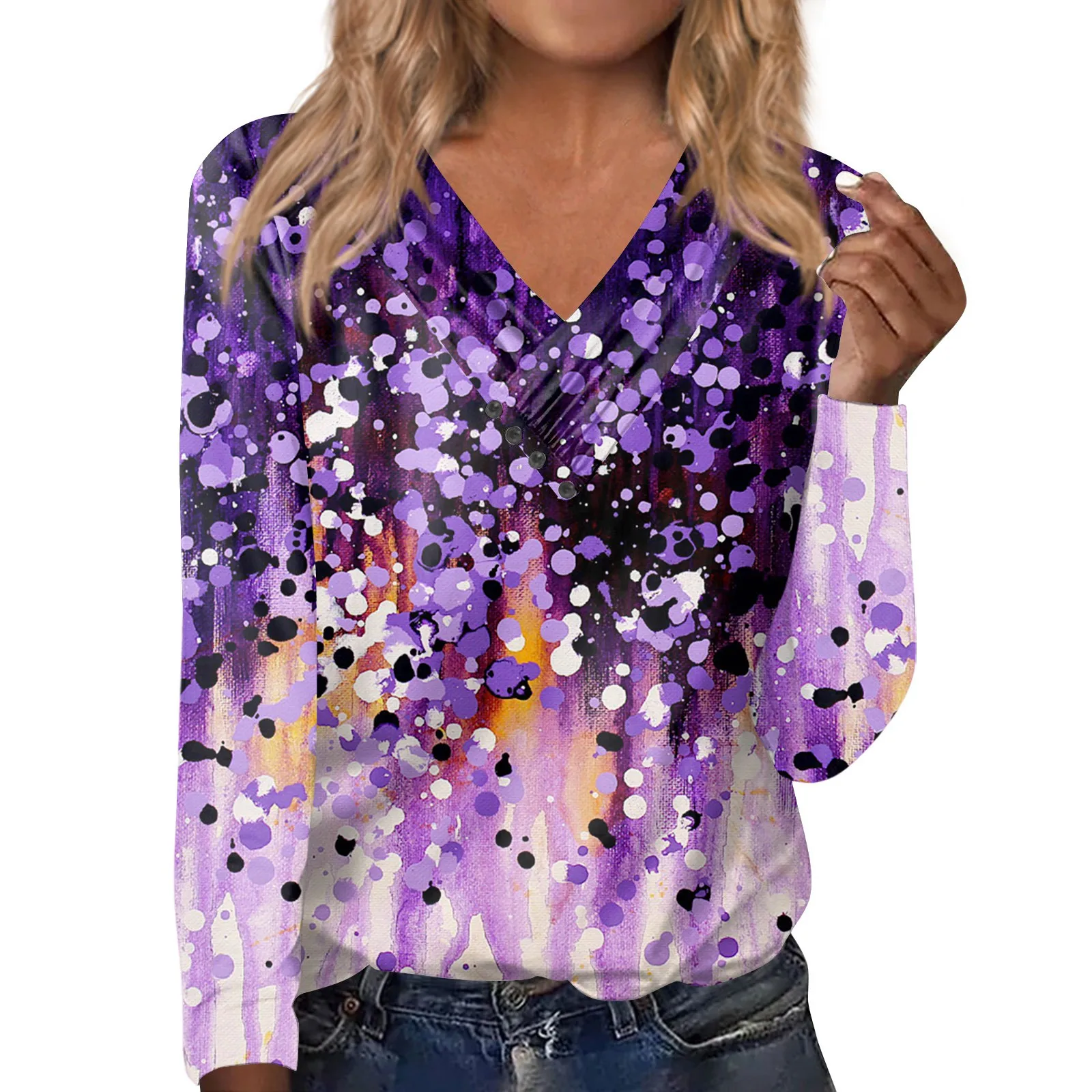 Autumn And Winter V-Neck Bottoming Shirt T-Shirt Women'S Long-Sleeved Button Floral Print Tops Fashionable Casual Tops Camisetas