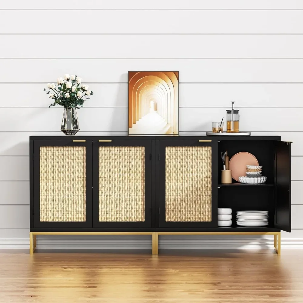 Rattan Sideboard Buffet Kitchen Storage Cabinet 2 Doors, Modern Black Accent Cabinet Kitchen Buffet Storage