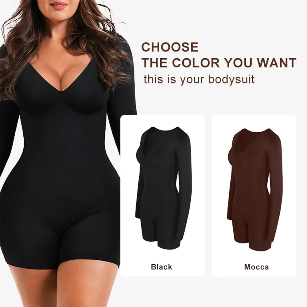 Lmylxl Fajas Colombianas Sexy Neck Bodysuit Long Sleeve Thong Shapewear  Women Tummy Control Body Shaper Bodycon Jumpsuit Tops