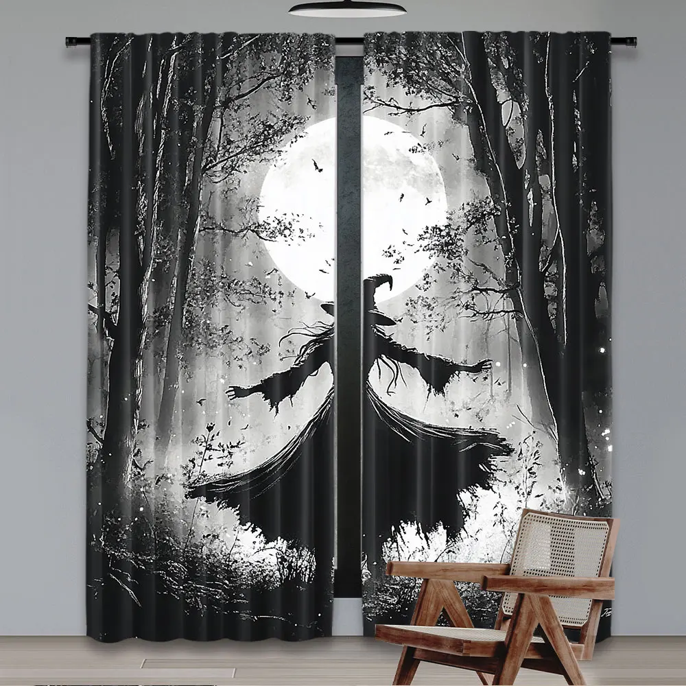 2Pcs Halloween Forest Curtain Horrible Foggy Full Moon Witch Silhouette Gothic Halloween Night Scene Bedroom Bathroom Decor 2