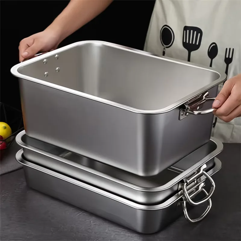 Thicken Stainless Steel Square Basin Deep Plate Fruit Food Storage Tray with Handle Cake Bread Loaf Pans Kitchen Baking Dish 5