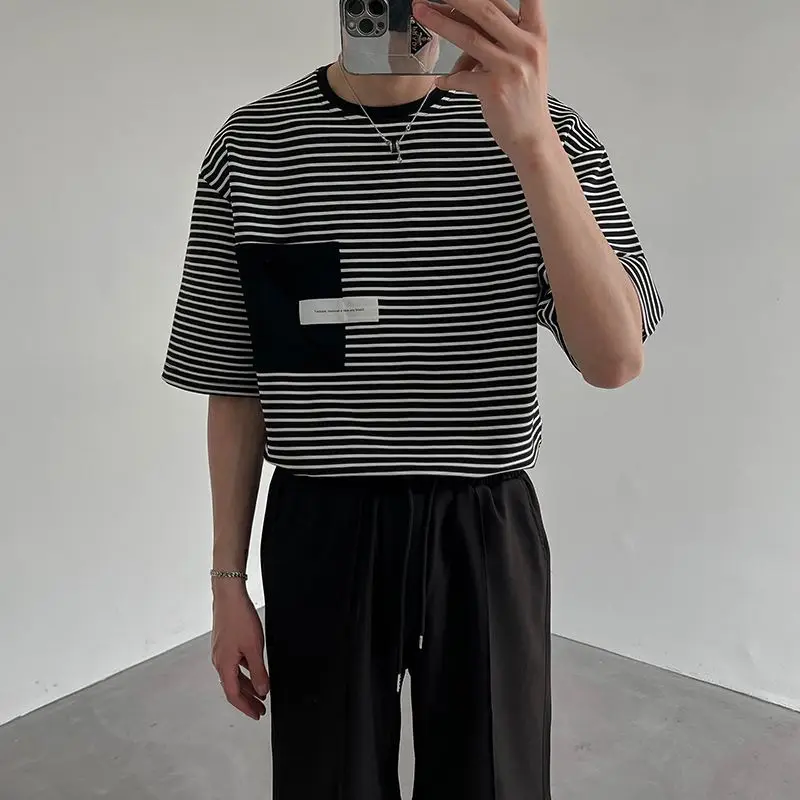

Striped T-shirt short-sleeved men Korean y2k summer loose casual round neck dropped shoulder sleeve top new half-sleeved T-shirt