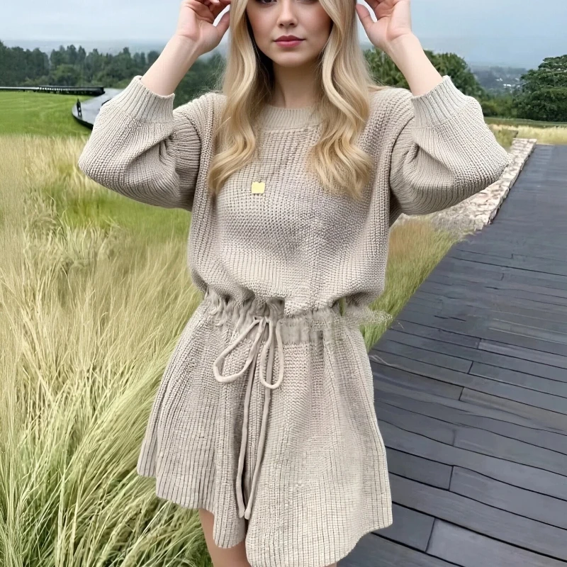 Autumn New Women's Clothing Women's Solid Color Long-sleeved Sweater Jumpsuit Fashion Casual Drawstring Lace-up Knitwear