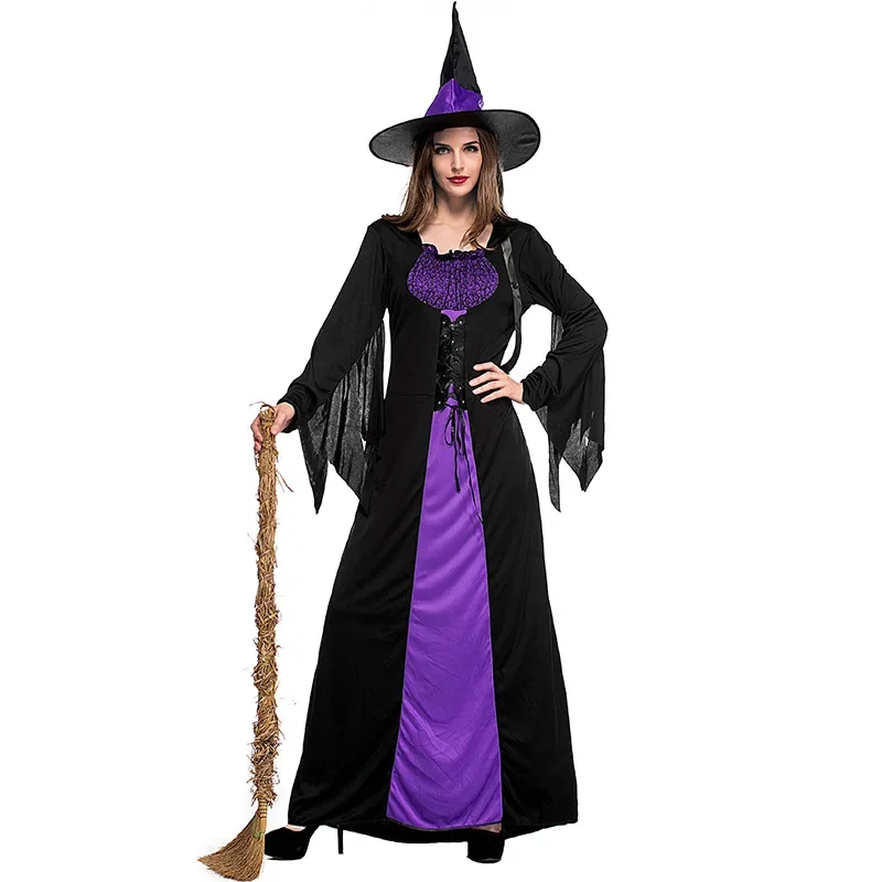 

Halloween Witch Vampire Costumes for Women Adult Scary Purple Carnival Party Performance Drama Witch Costume with Hat Big Size