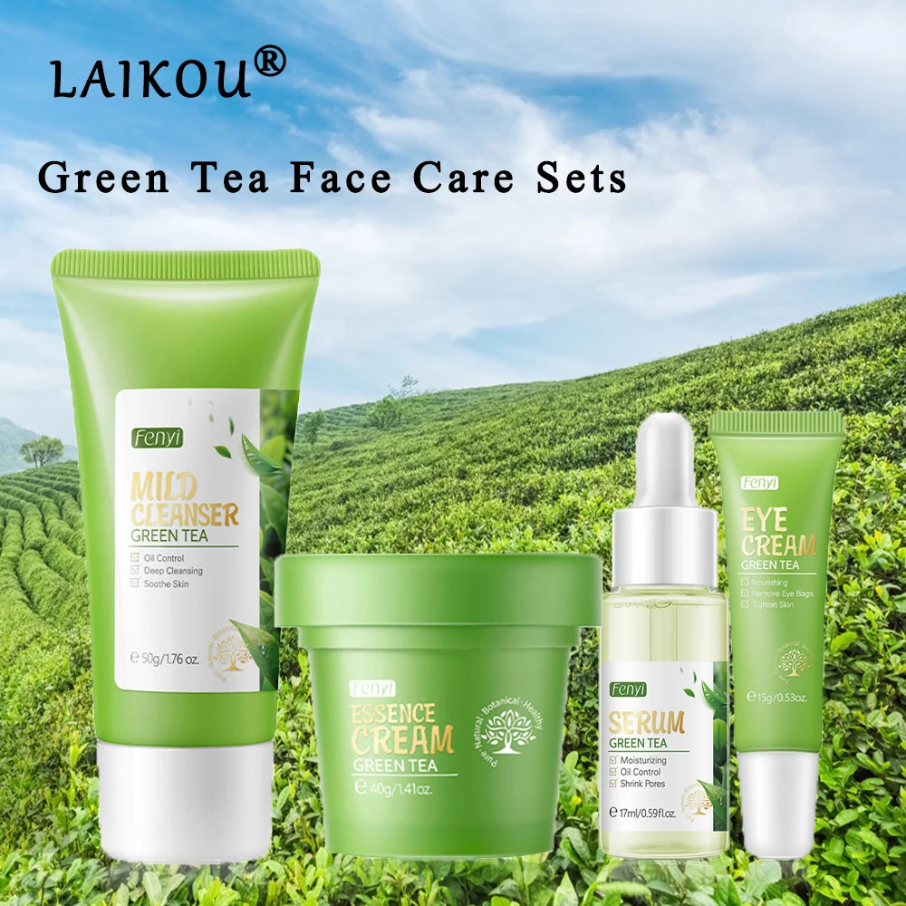 

4Pcs Green Tea Skin Care Produut Oil Control Set Shrink Pores Serum Korean Cosmetic Face Cleanser Acne Treatment Skincare Kit