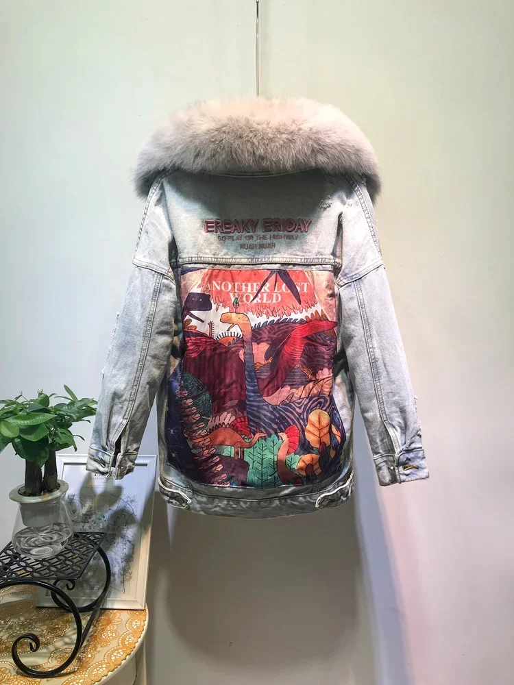 Mid-Length Big Fur Collar Long-Sleeved Denim Jacket for Women 2023 Autumn and Winter New Fleece-Lined Thickened Loose Fur Jacket