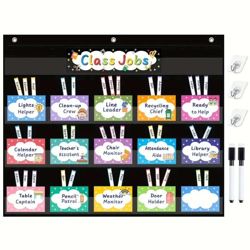 Class Jobs Pocket Chart Class Management Educational Pocket Chart with 70 Colorful Dry Erase Cards 3 Hooks For Students Visual Schedule Chart Schedule Chart