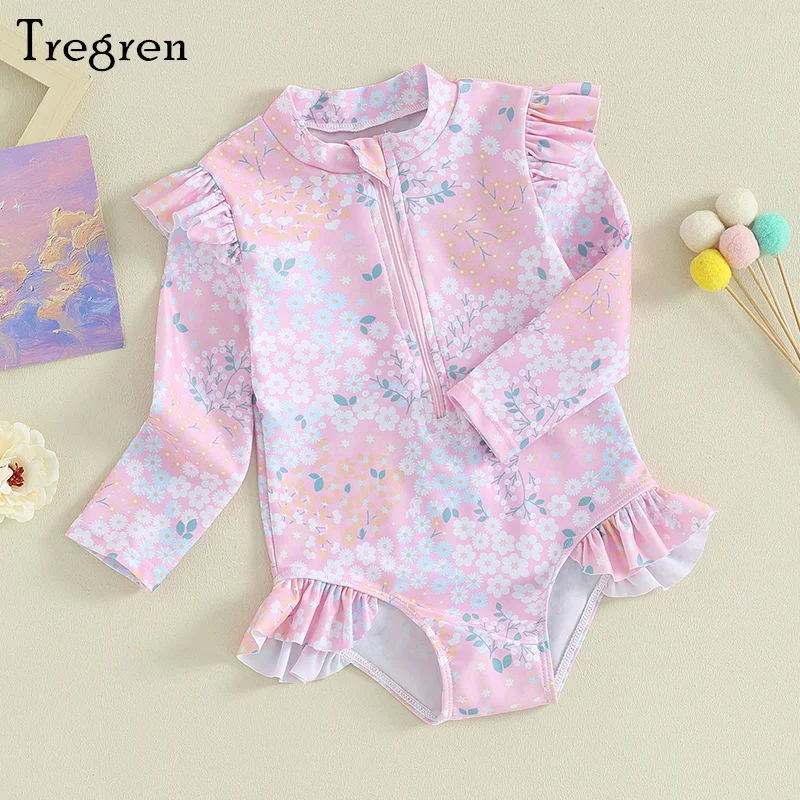 

Tregren 1-5Y Little Girls Swimsuit Summer Ruffle Floral Print Long Sleeves Zipper Swimwear Beachwear for Toddler Bathing Suits