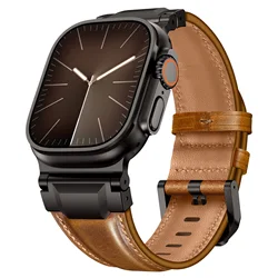 Premium Genuine Leather Strap for Apple Watch - Elegant Wrist Bracelet Correa (Retro brown - black)