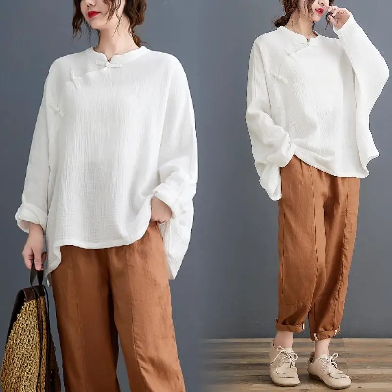 Double Yarn Cotton Women White Blouse Long Bat Sleeves Loose Design Thin Soft Women Summer Spring Blouse