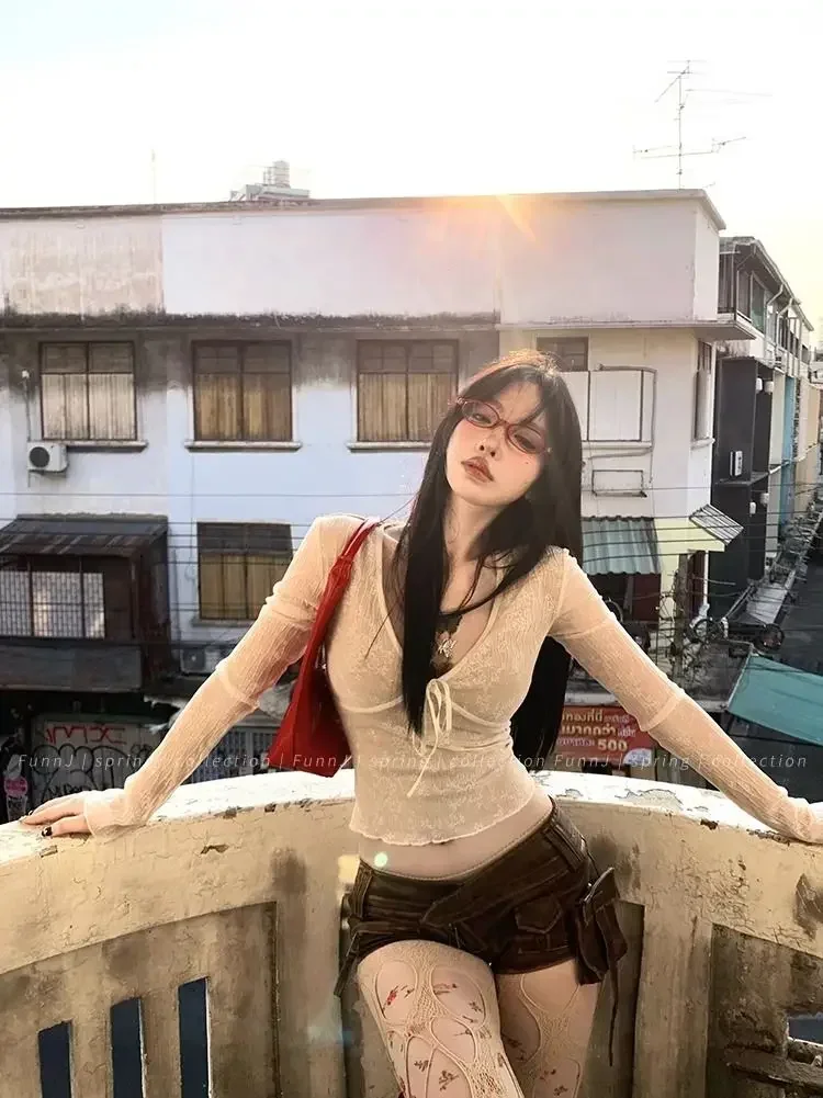 Korean Fashion Crop Top y2k Aesthetic Sweet Lace Patchwork Long Sleeve T Shirt with Bow 2000s Women Clothes Streetwear