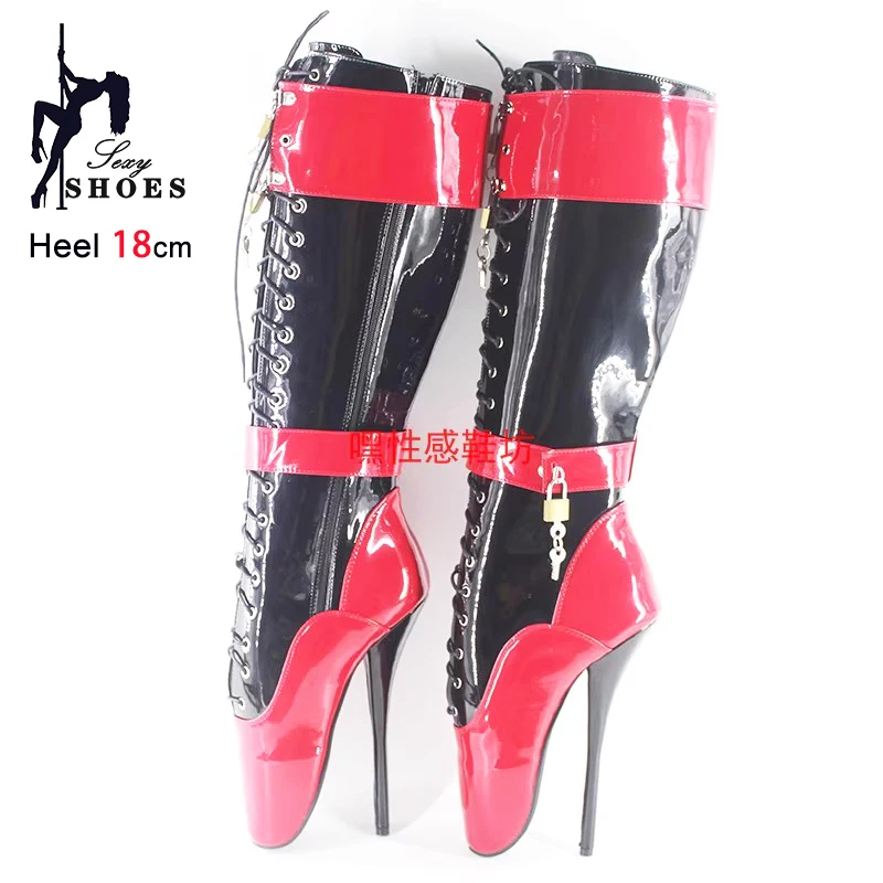Lock Wrap Strap Sexy Mid-calf Boots For Woman Ballet Boots 18CM/7'' Lockable Padlocks Stiletto Lace-up Large Size Fetish Shoes