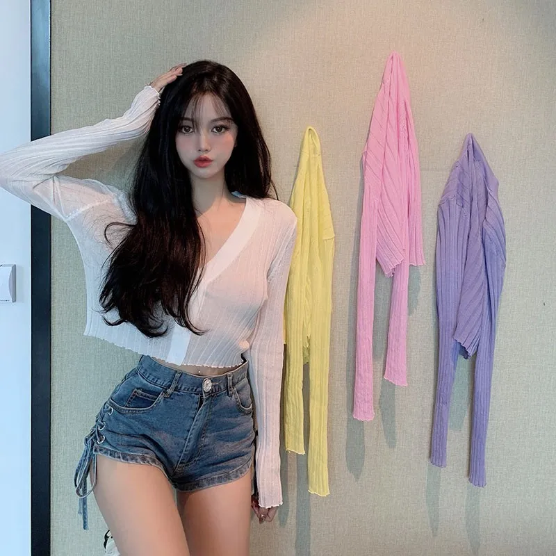 여성용 V넥 긴팔 단추 업 니트 가디건 스웨터, 섹시한 티셔츠