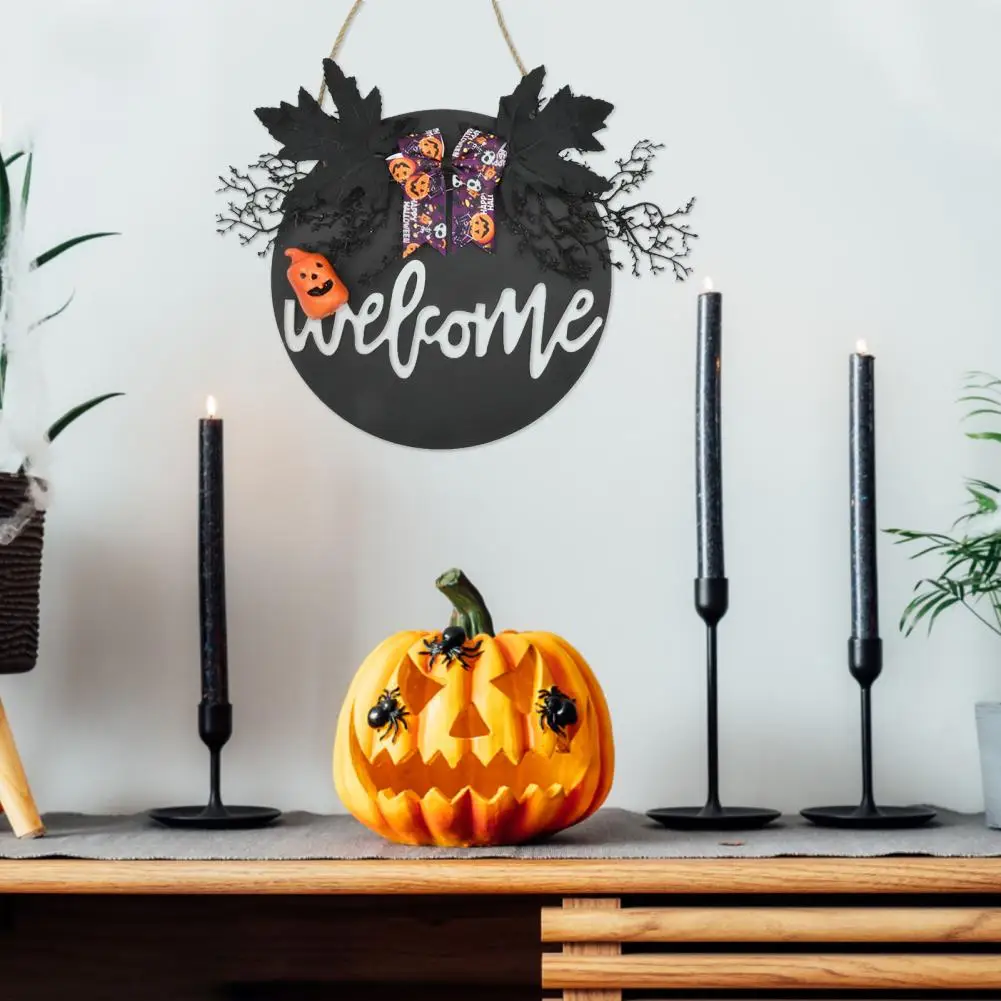 

Ribbon Decorated Wooden Sign Halloween Decor Spooky Pumpkin Garland Durable Halloween Door Wreaths for Home Party Decorations