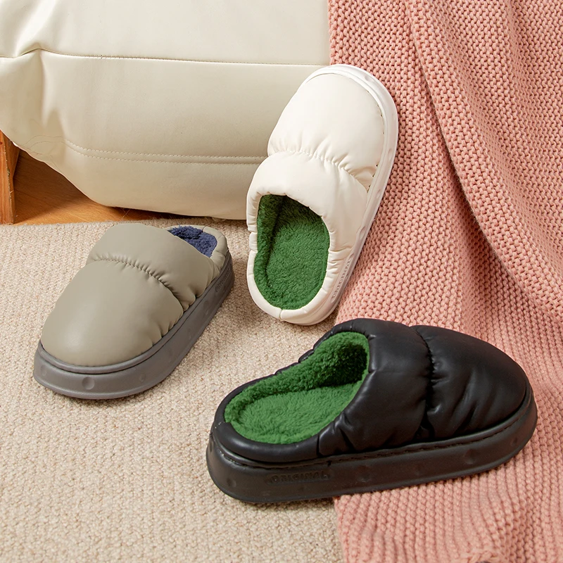 Feslishoet Winter Indoor Slippers Women Plush Keep Warm Flat Home Soft Comfort Slides Men PU Leather Waterproof Fashion Shoes 5