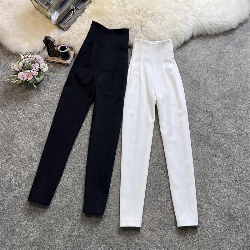 White Black Women Chic Casual Fashion With Seam Detail Office Wear Pants Vintage High Waist Zipper Female Ankle Trousers Mujer