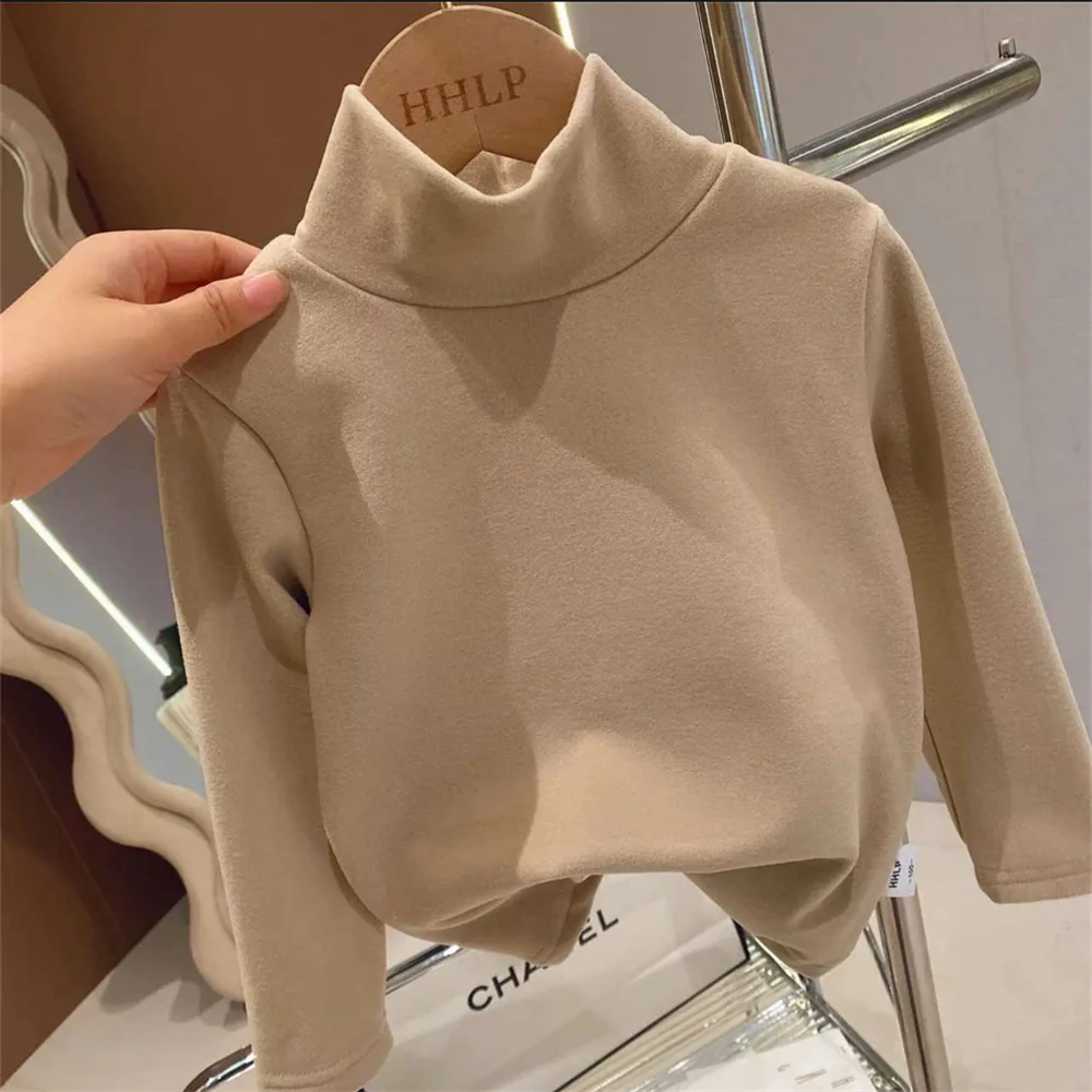 Autumn Winter Children Clothes Solid Baby Long Sleeve Tops Turtleneck T-shirt Fleece Warmth Casual Kid Girl Boy Tops 4