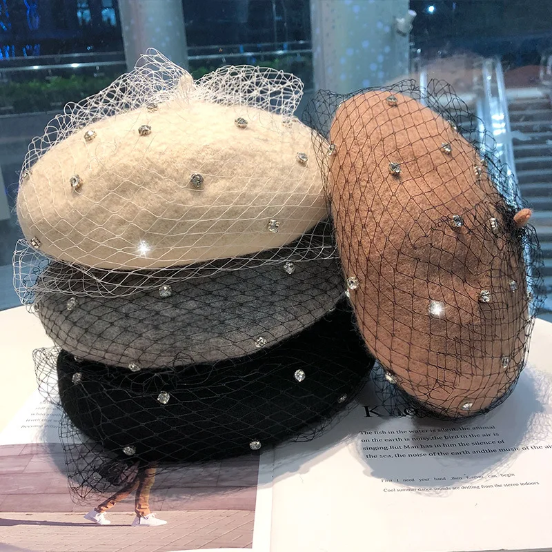 매혹적인 라인스톤 겨울 울 베레모 여성용 빈티지 메쉬 베일 호박 캐주얼 올 매치 모자, 여성 비니 모자, 소녀 선물