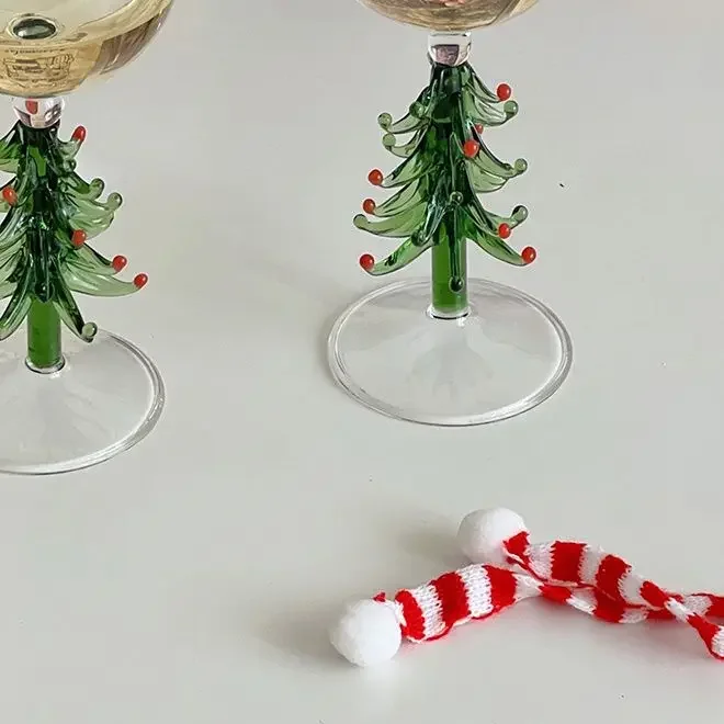 Winter Tree Design Stemmed Wine Glasses Set Of 2, 17.5oz Elegant Red Green Yellow Silver Drinkware, Decorative Glassware For Party Wedding Entertaining Table Display - View #12