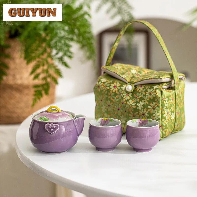 Hand Drawn Purple Peony Travel Tea Set Boutique Hand Grasp Pot Tea Set Kit Elegant 1 Pot 2 Cups Maker Stock Bags Decoration