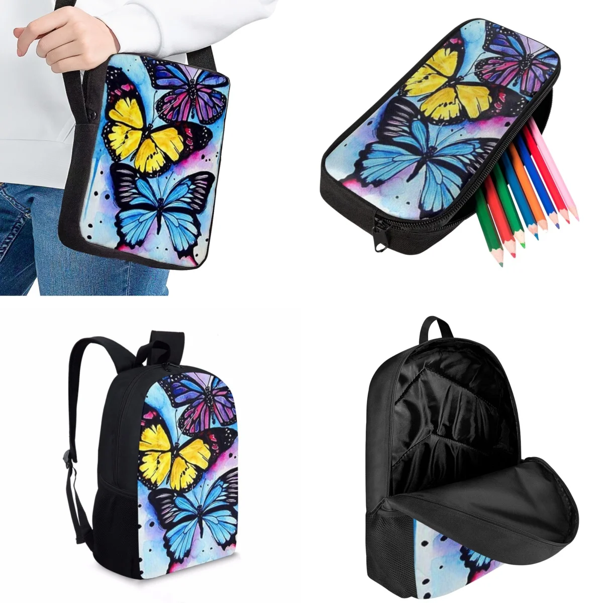 Jackherelook Artistic Butterfly Pattern Fashion Girls Backpack Casual School Bag Set Kids Book Bags Children Travel Knapsack