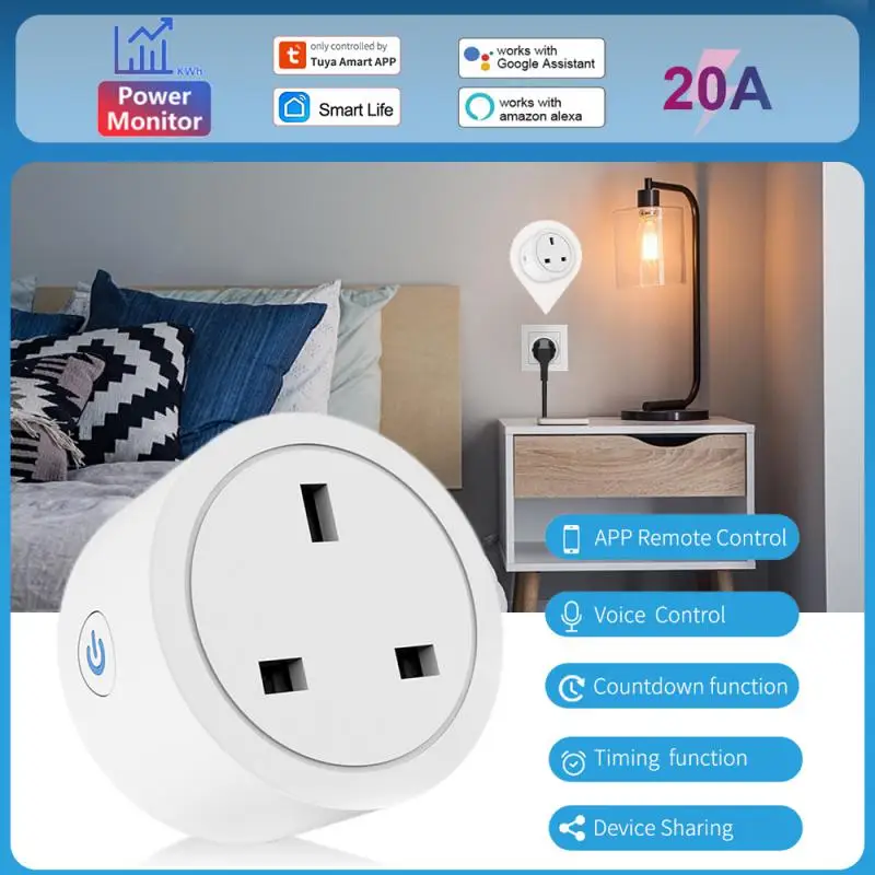 

20A UK Plug TUYA WIFI Smart Plug With Power Monitor Voice Control Smart Home Timing Power Socket Work With Alexa Google Home