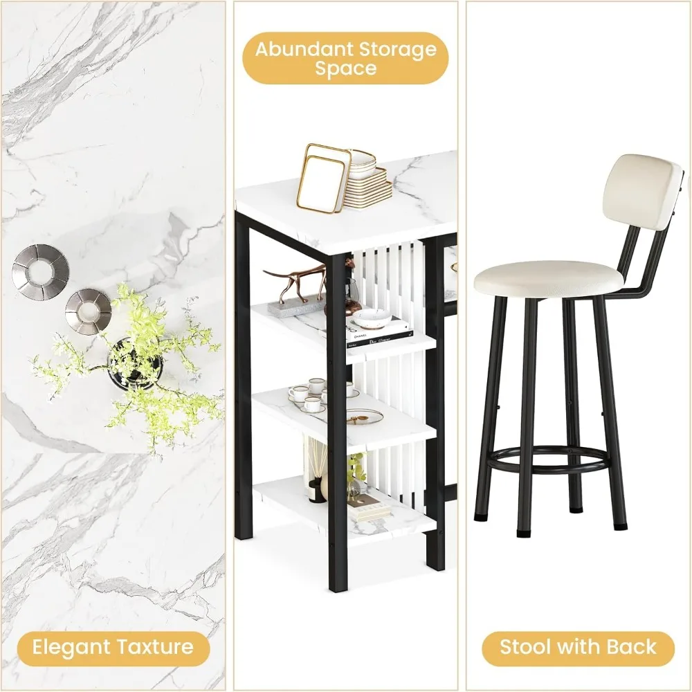 3-Piece Bar Table and Chairs Set, Modern White Faux Marble Table with 2 PU Cushion Bar Stools, Kitchen Counter 6