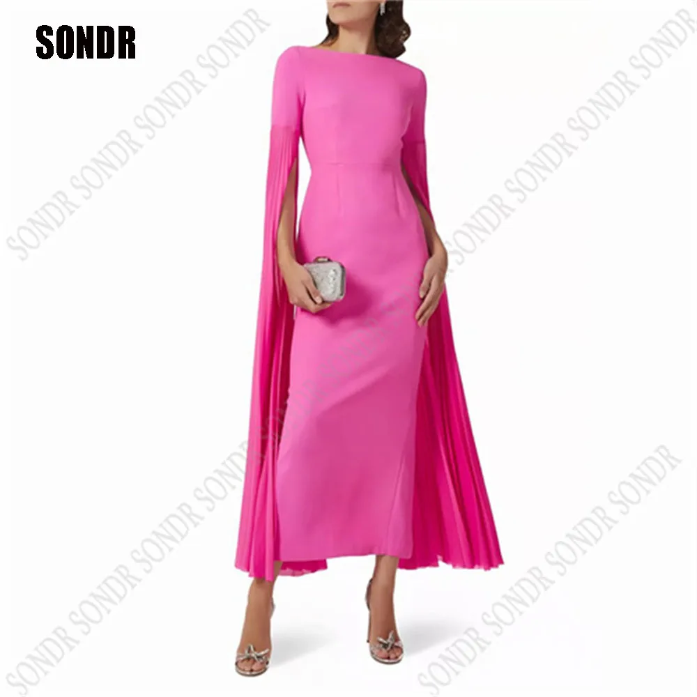 

SONDR Elegant Hot Pink Formal Evening Dresses Robes De Soiree Dubai Arabic Party Prom Gowns Long Cape Sleeves For Women