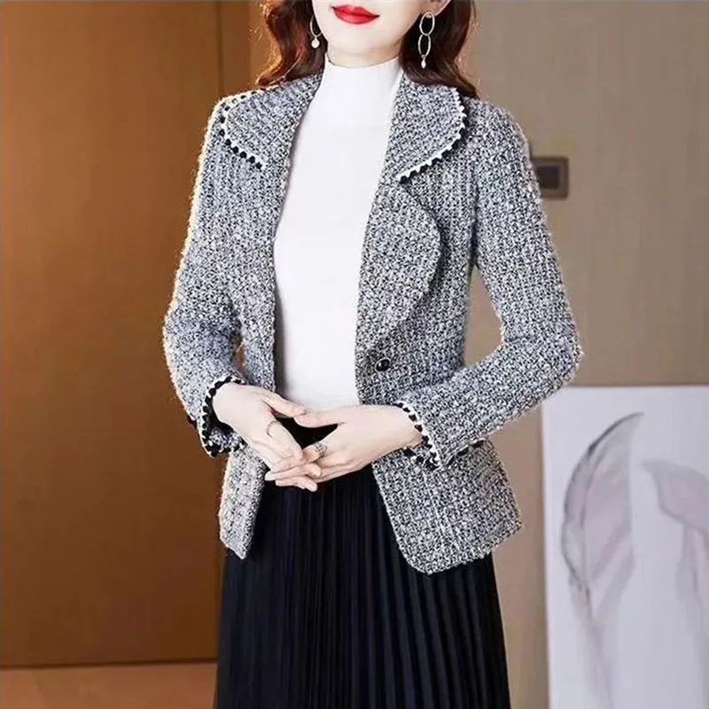 

2023 New Coarse Textile Woven Woolen Blazers Small Jacket Women Autumn Winter Fashion Slim Suit Coat Lady Outerwear Blazers Tops