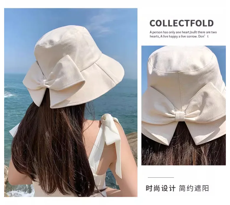 Damen-Eimerhüte, Schleife, modisch, niedlich, süß, Kawaii, Sommerurlaub, Reisen, große Krempe, Sonnenschutz, Sonnenschutzhüte für Mädchen – Detail 1