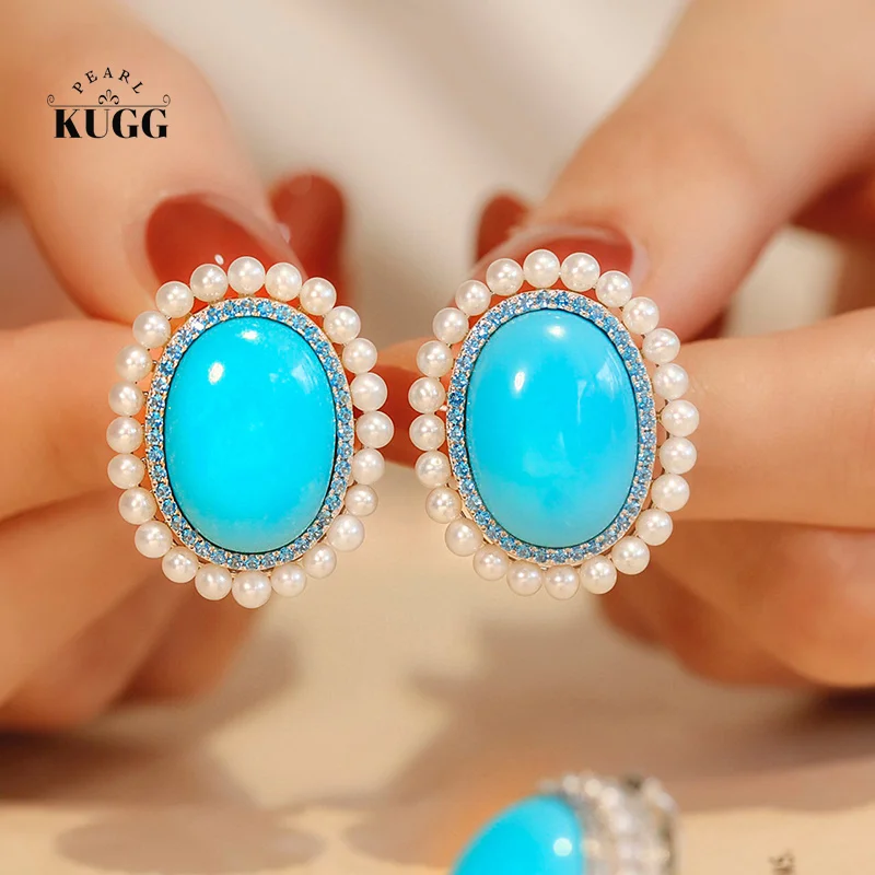 

KUGG 18K White Gold Earrings Luxury Elegant Design Natural Turquoise Gemstone Earrings and Ring for Women High Jewelry Set